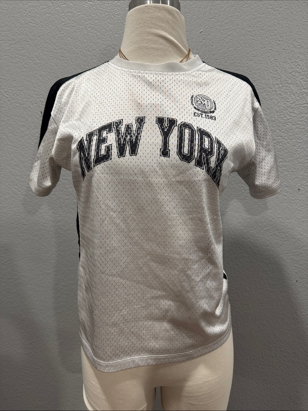 Forever 21 White Mesh 'New York' Graphic Tee with Black Accents